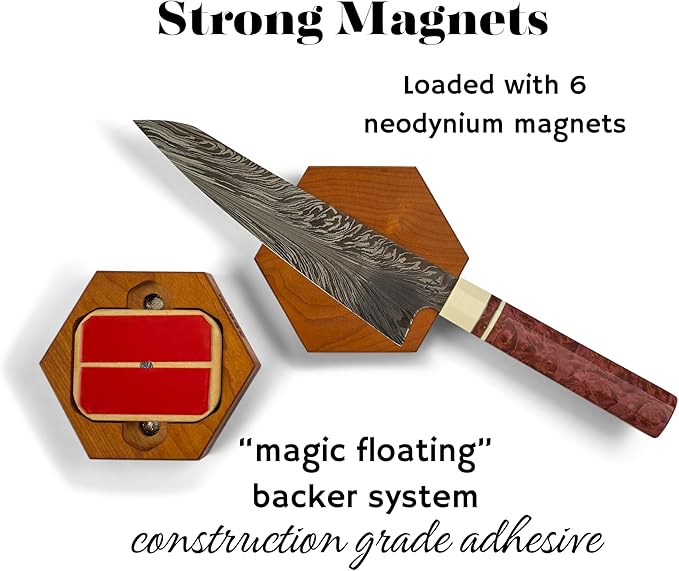 360KnifeBlock magnetic knife HEX - Guitar Wood - 2 Rows of Magnets, 'magic floating backer' 3 sizes from 5" to 26" - handmade in Washington (Guitar Wood, 5" Hexagon)