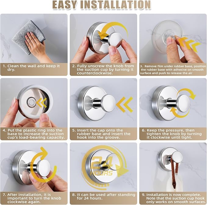 Suction Cup Hooks for Shower No-Drill Bathroom Hooks for Towels, Robes, Loofah Mountable on Bathroom Walls, Kitchen, Glass, Mirrors,Tile,Smooth Non-Porous Surfaces,Removable,4pcs,Chrome Polished