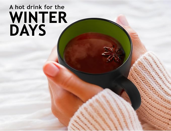 MIAMIO - Set of 6 Stoneware Coffee Mugs 12 Ounce/Cup Set - Le Papillon Collection (Black-Green)