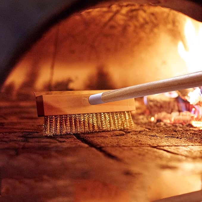 Pizza Oven Brush 41-Inch Long Wood Handle Brass Bristles with Steel Scraper, Outdoor Pizza Oven Accessories