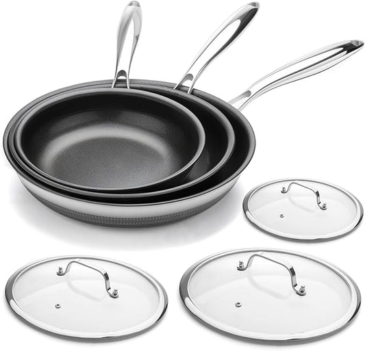 Nonstick Frying Pan Set with 3 Lids, 6 Piece Non-Toxic Titanium Ceramic Skillet, 8, 10 & 12 Inch Stainless Steel Pans, PFAS/PFOA/PTFE Free, Dishwasher & Oven Safe, All Cooktops Compatible