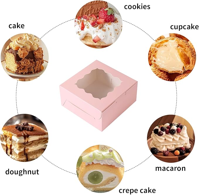 36 pcs 6x6x3 Inches Small Cake Box with Window, Bakery Pastry Cookie Boxes, Mini Pie for Pastry,Dessert,Strawberries,Chocolates, Cupcakes with paper stickers (Pink)