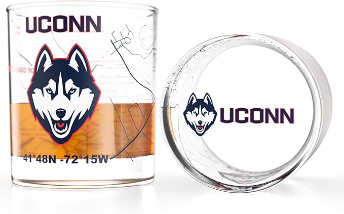 Greenline Goods – University of Connecticut Huskies College Whiskey Glasses (Set of 2), 10 oz – Full-Color Logo + Campus Map
