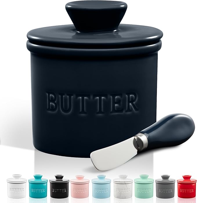 Zulay Kitchen Butter Crock With Lid & Spreader Knife for Countertop - Ceramic French Butter Dish Keeper For Fresh & Spreadable Butter - Midnight Blue