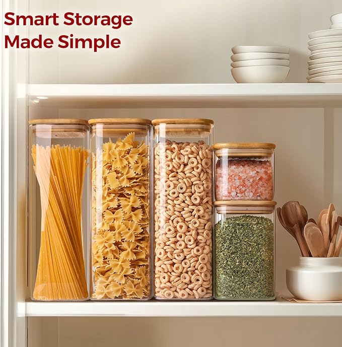 Rectangle Glass Storage Containers with Lids, Glass Jars with Bamboo Lids for Spaghetti, Pasta, Kitchen Pantry Storage Containers (2 pack 2.2qt)