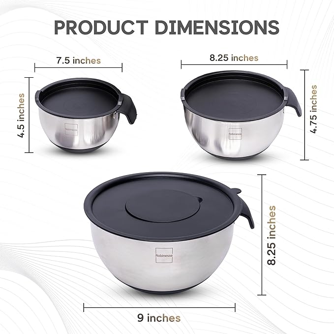 Stainless Steel Mixing Bowls Set of 3, Large Nesting Bowls with Airtight Lids for Food Prep, Cooking, Baking, Salad, and Outdoor Dining (Black, 3 Pcs)