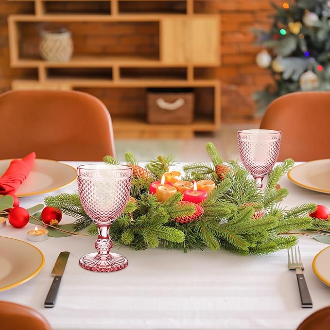 Bokon 6 Pack Pink Glass Goblets Set 10 oz High Clear Wine Glass Vintage Water Goblets Cups Embossed Diamond Design Glassware with Stem for Drinking Juice Liquor Party Wedding Bar