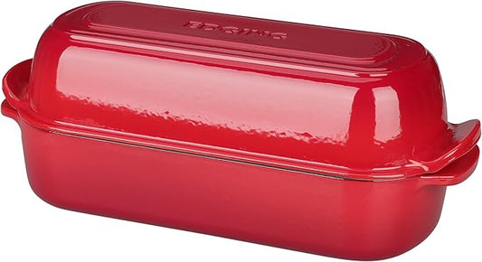 Enameled Cast Iron Loaf Pan with Lid, Dutch Oven Bread pan for Homemade Sourdough Bread Baking, 12.5x5.5 inch, 5qt, Red