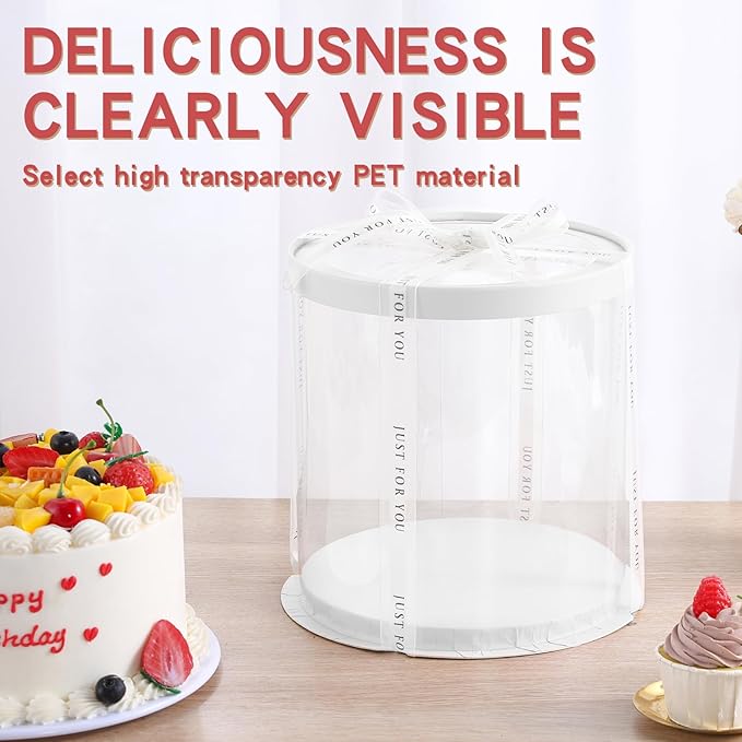 6Pcs 8.5*9.5inch Round clear cake boxes with Ribbon,Ideal for 7inch and 6inch Tall Layer Tiered Cakes,Multi-Layer cake boxes for Christmas Bakery Treat,Transparent Boxes(Clear Lid, Round 8.5inch/6Pcs)