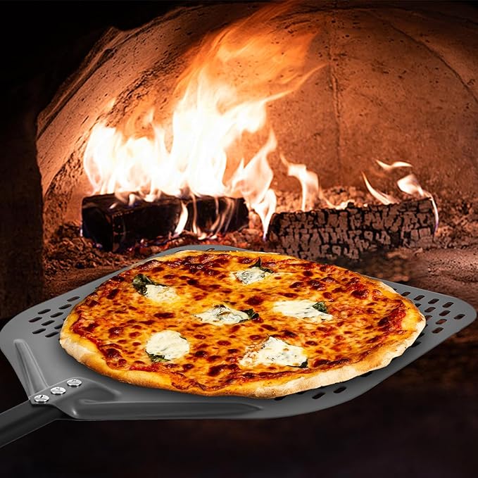 Perforated Pizza Peel, 14 x 16 Inch Rectangular Pizza Turning Peel, Professional Anodized Aluminum Turning Pizza Spatula, 34 inch overall