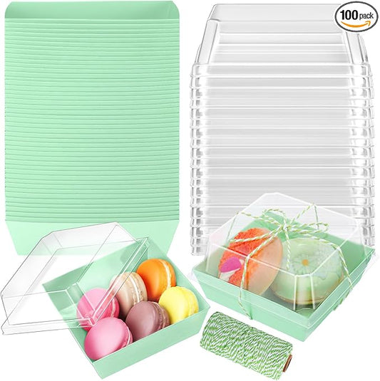 Ctosree 100 Pcs Paper Charcuterie Boxes with Clear Lids 4.5 Inches Disposable Cake Square Dessert Container Bakery Boxes Bundle with Rope for Food Cake Slice Cookie Sandwich Dessert(Light Green)