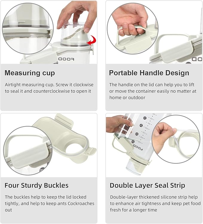 3-5 LBS Cat Dog Food Storage Container Upgraded Large Nozzle BPA-free, Plastic Pet Food Storage Containers With 4 Sealed Clasps, 1 Measuring Cup and With Folding Bowl (Beige 1Pack)