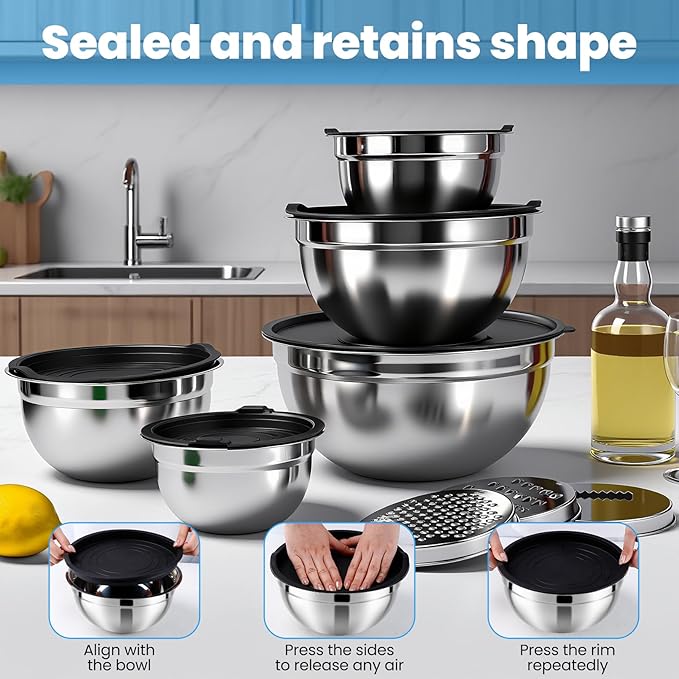 Mixing Bowls with Airtight Lids Set of 5, Stainless Steel Mixing Bowls with 3 Grater Attachments, Nesting Salad Bowl for Prepping, Serving, Cooking, Kitchen, 0.75/1/1.5/2.5/4.5QT, Black