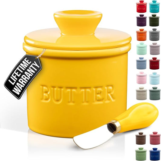Zulay Kitchen Porcelain Butter Crock With Lid & Knife - Authentic French Butter Dish For Fresh & Spreadable Butter - Yellow
