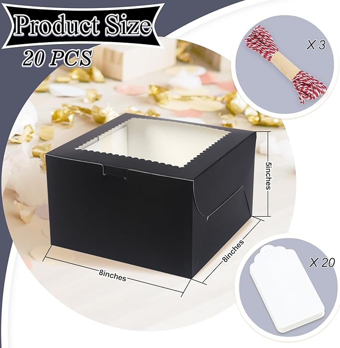 20Pcs 8 Inch Cake Boxes with Window, 8x8x5 Inches Black Bakery Boxes, Cake Carrier Container for Pastries, Pie, Cookies, Chocolates, Cupcakes, Birthday Party, Wedding
