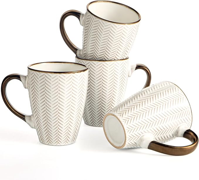 Ceramic Coffee Mug Set - 16 Oz Large Coffee Mugs - Embossed Stoneware Cups with Handle for Latte Tea Cappuccino Cocoa - Microwave Dishwasher Safe - Set of 4 - Leaf Pattern