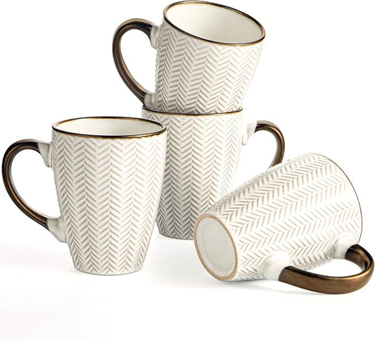 Ceramic Coffee Mug Set - 16 Oz Large Coffee Mugs - Embossed Stoneware Cups with Handle for Latte Tea Cappuccino Cocoa - Microwave Dishwasher Safe - Set of 4 - Leaf Pattern