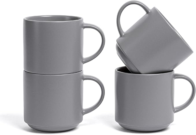 over&back Stackable Stoneware Coffee Mugs - 4-Piece Mug Set - Enjoy the Perfect Cup of Coffee, Tea, Latte, and More - Semi-Matte Charcoal - 14oz