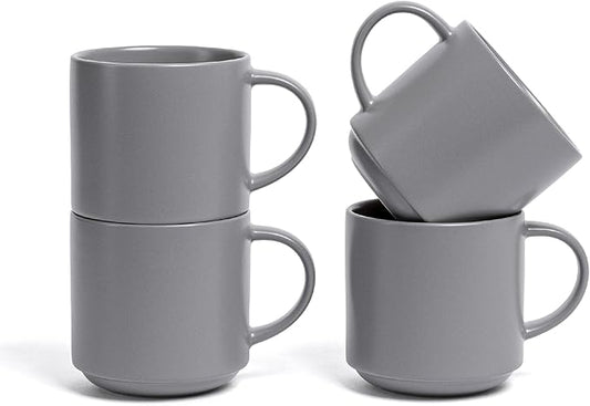 over&back Stackable Stoneware Coffee Mugs - 4-Piece Mug Set - Enjoy the Perfect Cup of Coffee, Tea, Latte, and More - Semi-Matte Charcoal - 14oz