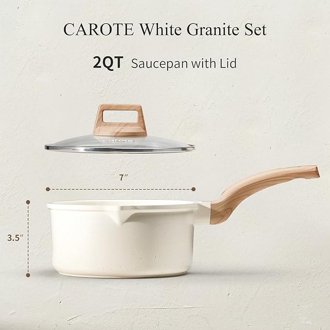 CAROTE 2Qt Sauce Pan Sets with Lid Cooking Pots Nonstick Saucepans Cookware Set with Pour Spout Small Kitchen Pot, Induction Comptable, Easy to Clean, PFOA FREE (White Granite)