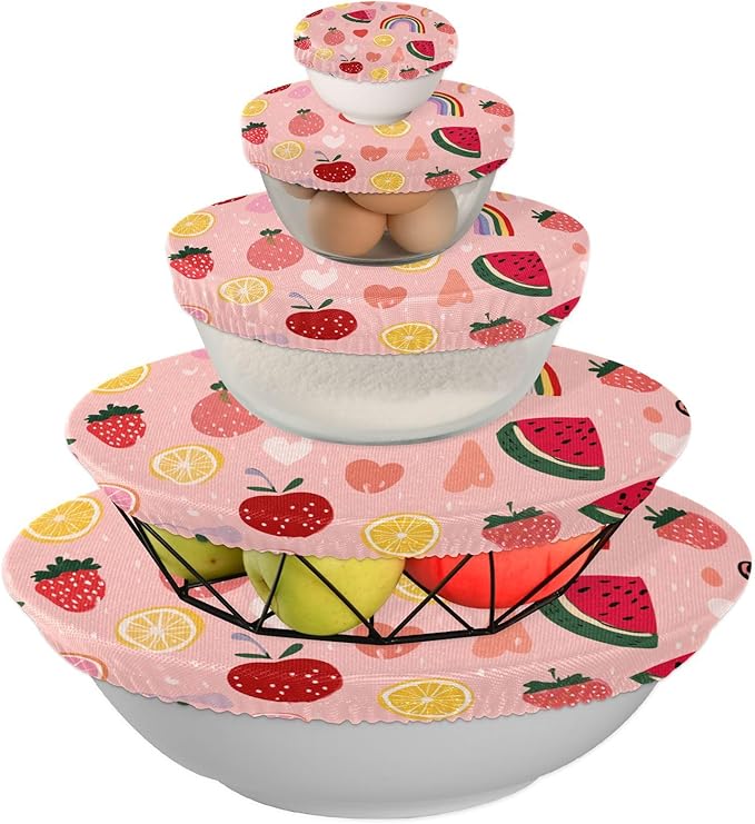 5 Pcs Bowl Covers Reusable in 5 Size Elastic Food Cover Cloth Lids Fresh Keeping Dish Cookware Bakeware Fabric Covers Lids for Food Leftovers Fruits Storage Pink Rainbows and Fruits Slices