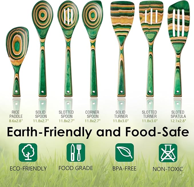 Kitchen Pakkawood Wooden Spoons for Cooking – 7-Piece Kitchen Utensil Set with Spatula, Corner Spoon, Rice Paddle – Nonstick Safe Durable Wooden Cooking Tools for Home Kitchen by Howhong (Oasis)