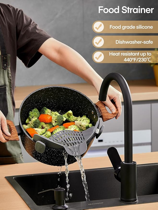 FOHERE Pots and Pans Set with Lids 15 PCS, Aluminum Nonstick Induction Cookware Sets, with Frying Pans, Saucepans, Stock Pot, Pizza Pan, Griddle Pan, and Food Steamer, Silicone Food Strainer, Black