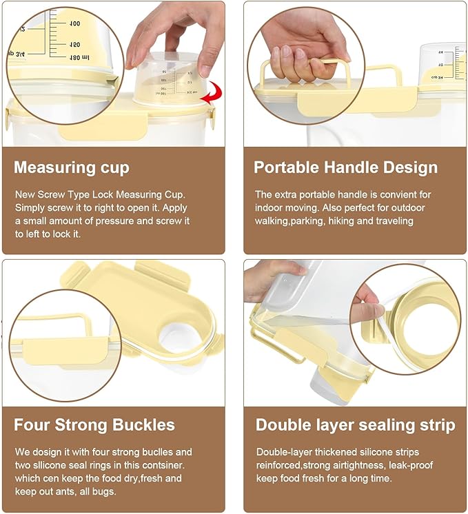 Airtight 10LBS Rice/Cereal/Dry Food Storage Container BPA Free, 5.28Qt Clear Plastic Kitchen and Pantry Organization Bin Suitable for Oats, Flour, Sugar, Pasta, Pet Food, etc (Egg Yolk)