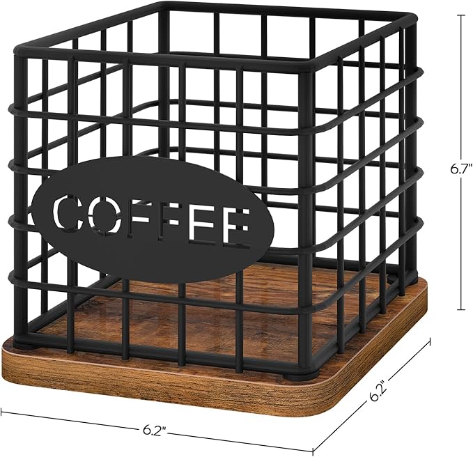 Coffee Pod Holder Organizer, Large Capacity Coffee Pod Basket for K Cup, Coffee Capsule Storage Basket with Wooden Base, Space Saving, for Kitchen Countertop, Black and Rustic Brown KH10BR