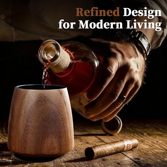 Acacia Wood Whiskey Glass – Premium Handcrafted Bourbon Tumbler with Charred Interior | Old Fashioned Whiskey Glass for Whiskey Lovers | Luxury Christmas & Birthday Gift for Men, Dad, Husband (4Pcs)