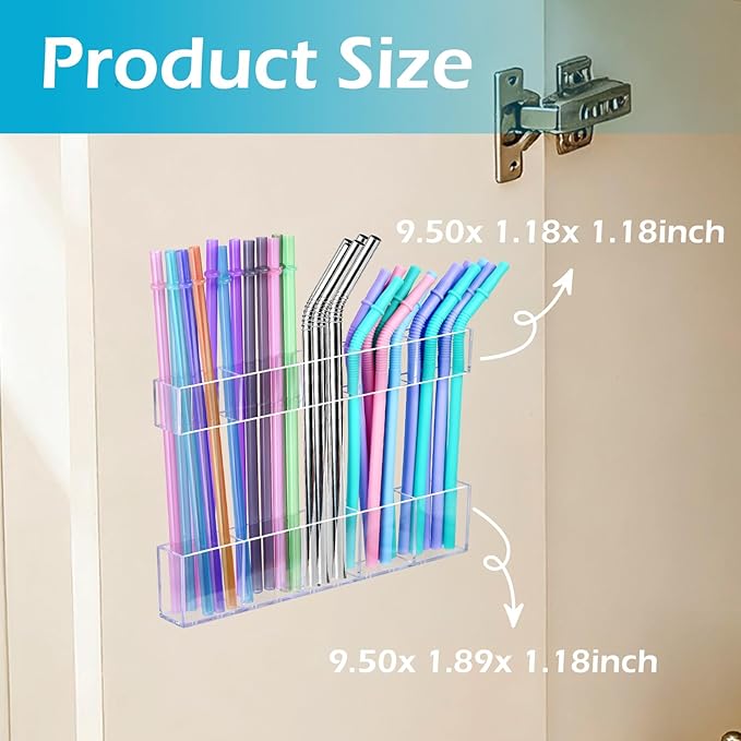 2Pack 9.5" Large Acrylic Straw Holder for Cabinet Door – Kitchen Cabinets Straws Organizer, Reusable Tumbler, Small Kitchens Accessories Storage Container (Transparent)