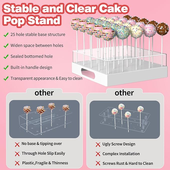 Cake Pop Stand,25 Holes Clear Cake Pops Display Holder,Cake Pop Sticks Kit, Candy Pop Holder,cake pop mold for Party,Wedding,Birthday(White,1-Pack)