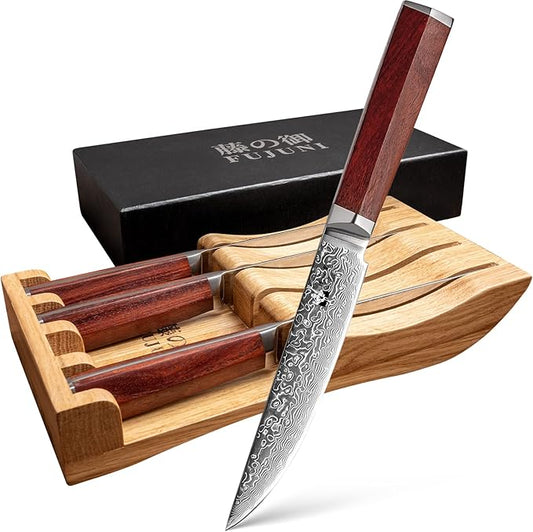 Steak Knives Set of 4 with In-Drawer Knife Block, 5 inch Damascus Steak Knife Set VG-10 Damascus Super Steel 67-Layer Non Serrated Steak Knives with Natural Wood Handle, Gift Box