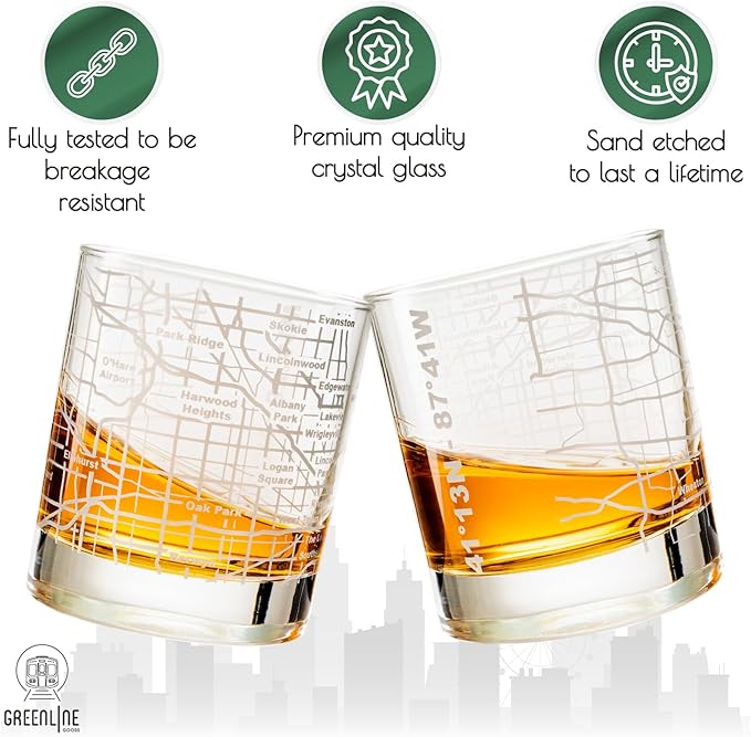 Greenline Goods - Chicago Map Etched Whiskey Glass Perfect for Bourbon, Scotch, Liquor, Cocktail - Crystal Whiskey Glasses Set of 2 - Best Tasting Experience with Vintage Rocks Glasses
