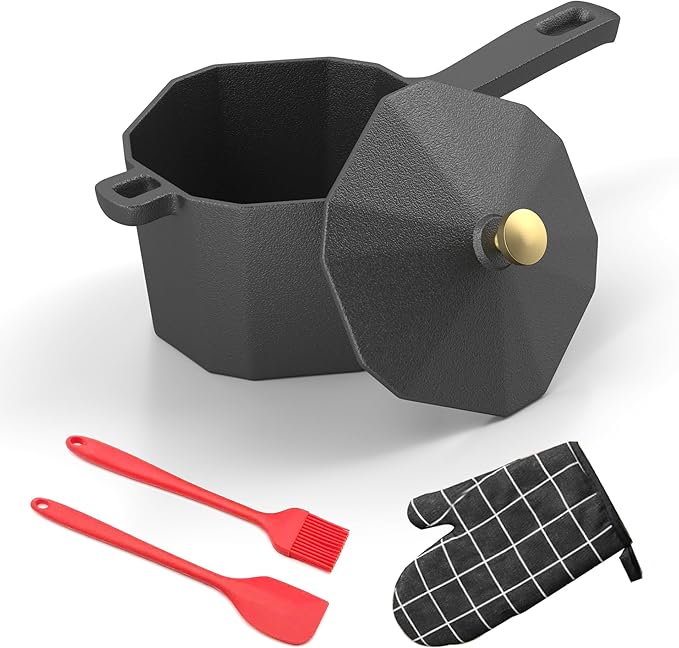 Cast Iron Sauce Pan with Lid, Small Cast Iron Basting Pot with Silicone Basting Brush, Spatula & Heat-Resistant Gloves, Mini Butter Melting Pot for BBQ Sauce, Braising, Stir-Fry & Casserole