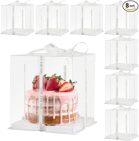 cake box-8 * 8 * 9inch/8pcs, Clear Display Gift Boxes with RibbonStackable Food Storage Containers for Pastry (Clear, 8 * 8 * 9 inch/8pcs)