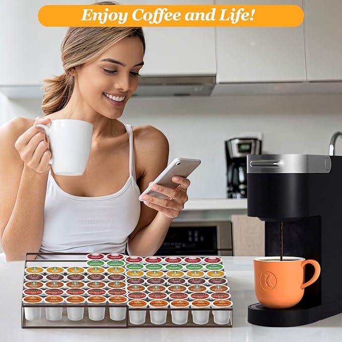 Coffee Pod Holder Drawer, Expandable K Cup Holder Compatible with Keurig K-Cup, K Cup Drawer Organizer Hold 35-70 Coffee Pod Storage for Coffee Station Office and Kitchen, Bronze