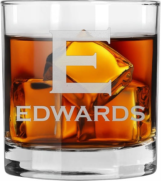 Blue Ridge Mountain Gifts - Custom Engraved Whiskey Glass - 11 oz Personalized Tumbler with Modern Monogram & Last Name - Classic Barware for Weddings, Groomsmen, Anniversaries & Father’s Day