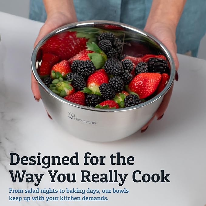 Priority Chef Stainless Steel Mixing Bowls with Lids Set, Metal Nesting Bowls with Airtight Lids, Graters, Non-Slip Base & Measurement Marks, Includes Utensil Set for Prep, Baking & Storage, Black