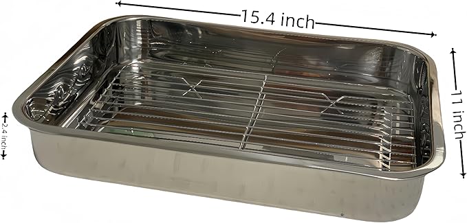 Roasting Pan Stainless steel Roasting pan Turkey Roasting pan with grill Rectangular grill suitable for Turkey, roast chicken and ham (15.4x11x2.4inch)
