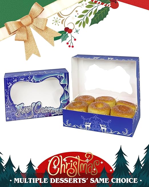 qiqee Christmas Blue Purple Cookie Boxes for Gift Giving 8x5.3x2 inch 24Packs Christmas Bakery Box with Window Treat Box for Donuts Candies and Biscuit