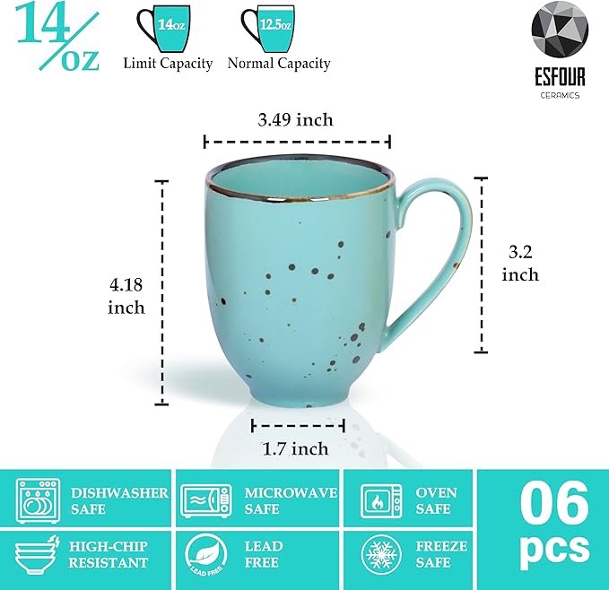 Esfour Ceramic Coffee Mugs Set Of 6, 14 Oz Large Handle Heavy Duty Cups - Microwave Dishwasher Safe - Latte, Cappuccino, Tea, Cocoa, Mocha - Men, Women, Home Office Daily Use, Natural Assorted Colors
