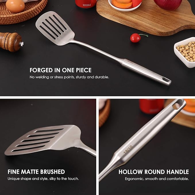 18/10 Stainless Steel Kitchen Utensils Set - 15’’ All Metal Cooking Utensils with Countertop Rotating Holder Stand, Spatula, Ladle, Skimmer, Slotted Turner, Pasta, Large Spoon Set of 7