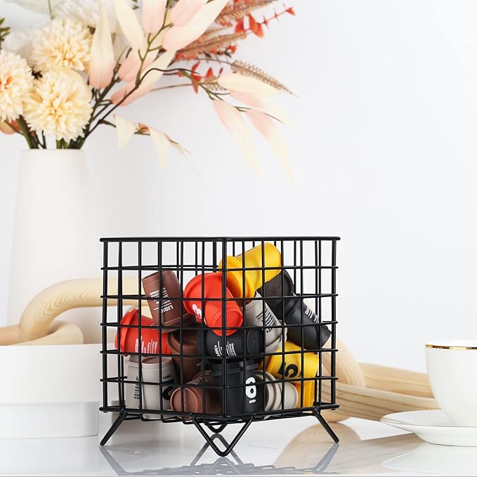 Black Wire Coffee Pod Holder Basket,Large Capacity Metal K Cup Holder Organizer,Storage Basket for Kitchen Countertop Office Coffee Bar Accessories,Creamer and Syrup Organizer