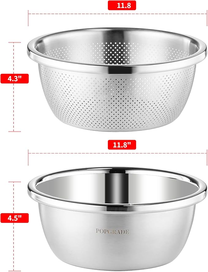304 Stainless Steel Colander 5QT Microporous Colander & Large Bowl for Kitchen,Rice Strainer with Salad Mixing Bowl for Pasta Straining,Fruit Washing,Vegetable Draining,Food Mixing(2PCs)