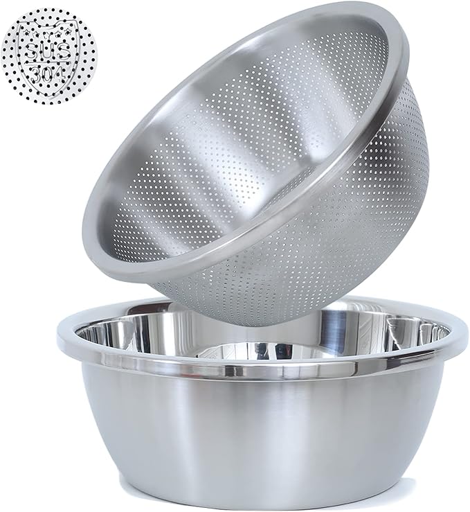 304 Stainless Steel Microporous Colander,2QT Large Capacity with Mixing Bowl For washing vegetables, fruit and rice and for draining cooked pasta(2PC)