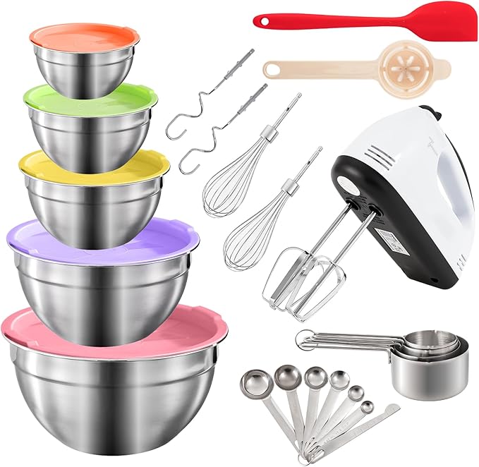 7-Speed Electric Hand Mixer,5 Large Mixing Bowls Set,Handheld Mixers with Whisks Beater,Stainless Steel Metal Nesting Bowl Measuring Cups Spoons Kitchen Cake Blender for Prep Baking Supplies