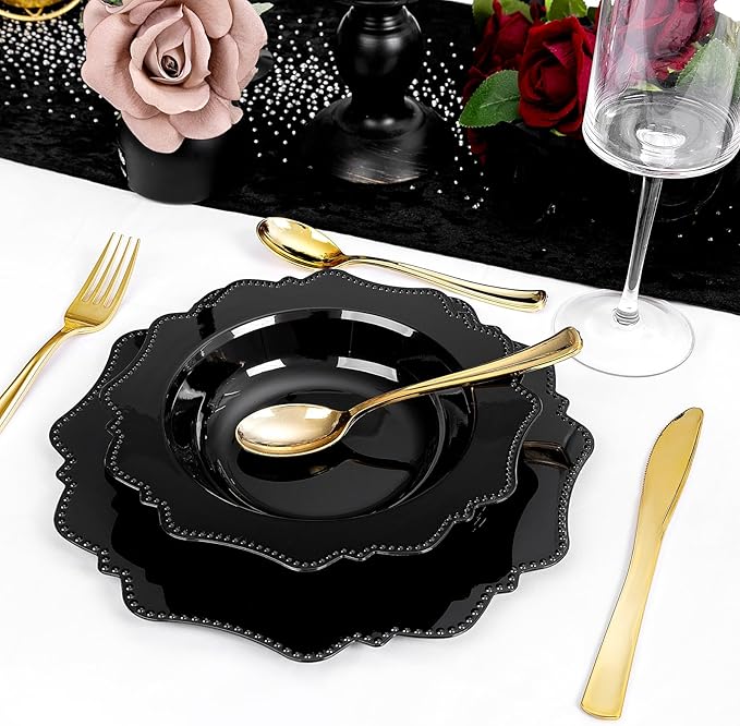 COLOSUS Black Plastic Party Bowls (60 Pack) 12 Oz Disposable Soup/Salad Bowl, Fancy Shatterproof Dinnerware for Catering, Holidays, Weddings, and Everyday Use