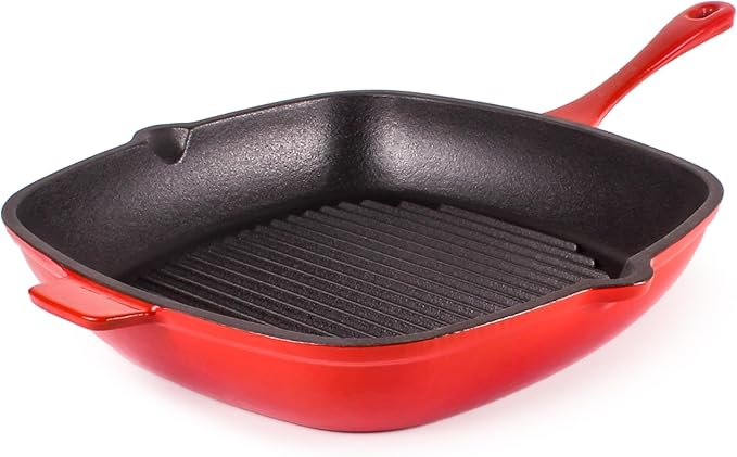 BergHOFF 9Pc Neo Cast Iron Cookware Set, Silicone Heat Spatulas, Matching Lid,Oven Safe Up To 400°F, Red