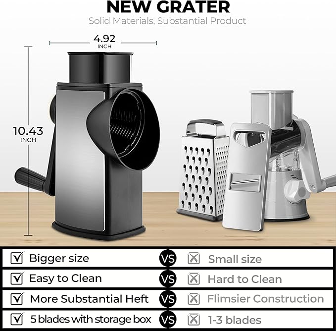 SUSTEAS Rotary Cheese Grater with Handle, Kitchen Mandoline Vegetable Slicer with 5 Interchangeable Blades, Easy to Clean, Strong Suction, Grater Slicer for Fruit, Vegetables, Nuts, with Storage Case